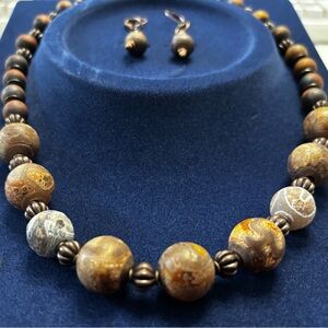 Artisan Brown and Gold Jasper Bead Necklace with Matching Earrings